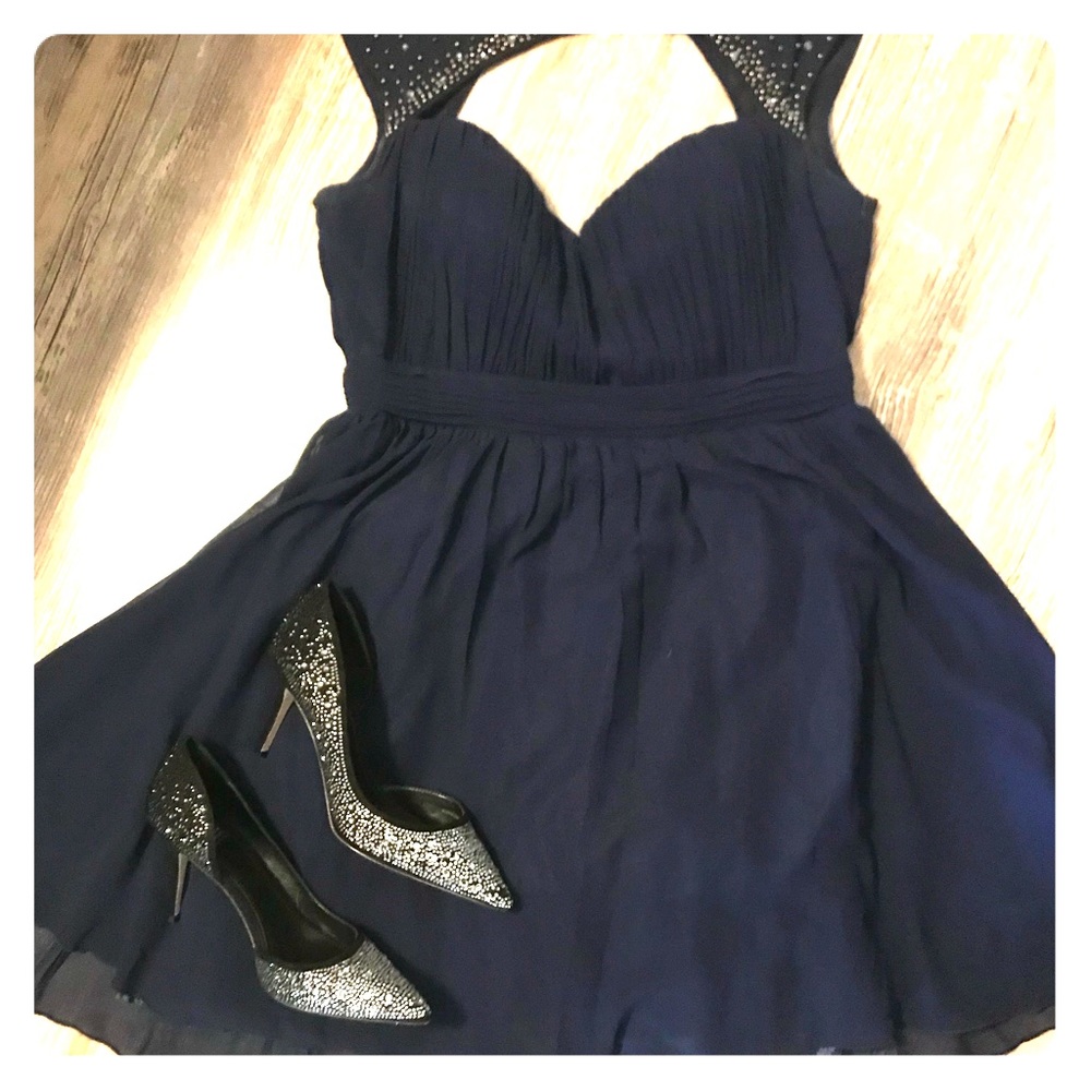Blue satin chiffon cocktail dress